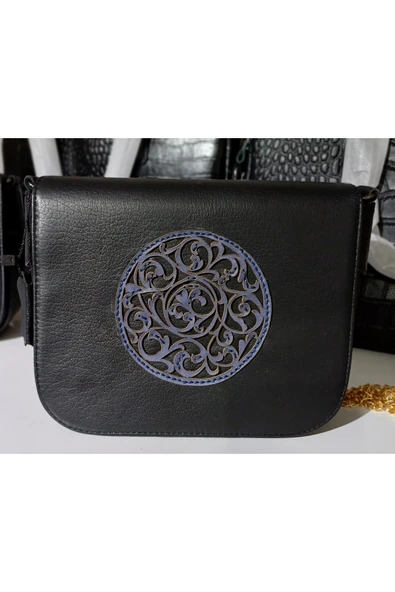 Durush Collection TASARIM GERÇEK DERİ SİYAH EL İŞLEMELİ ÇAPRAZ KADIN ÇANTASI ürün görseli 1
