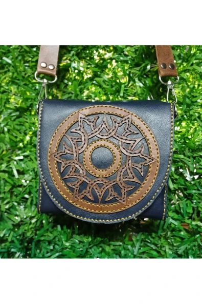 Durush Collection Gerçek Deri Tasarım El Işçiliği Lacivert Kadın Omuz Çantası , ürün görseli 1