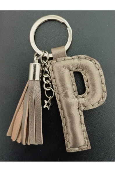 Durush Collection Metalik Bej Rengi Gerçek Deri El Dikişi "p" Harfi Anahtarlık ürün görseli 1