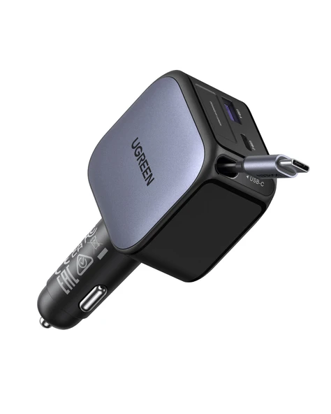 UGREEN 60W USB-C Makaralı Dahili Kablolu Hızlı Araç Çakmaklık Şarj Cihazı, 1x USB-C 1x USB-A, 55212B ürün görseli 1