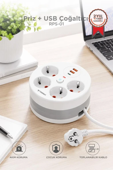 Akım Korumalı Makaralı Priz 3 Port USB Çoğaltıcı Grup Priz 3M RPS01 Beyaz ürün görseli 1