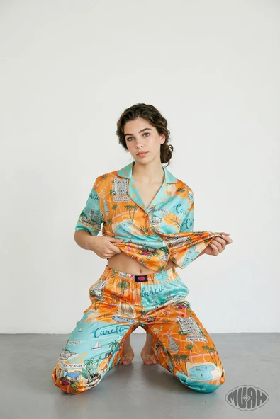 Casablanca Sunset Kadın Saten Pijama Takımı Etnik Desenli Kısa Kollu Turuncu ürün görseli 1