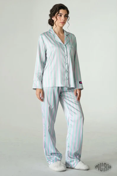 Candy Pop Kadın Saten Pijama Takımı Çizgili Desenli Kısa Kollu Pembe Yeşil ürün görseli 1