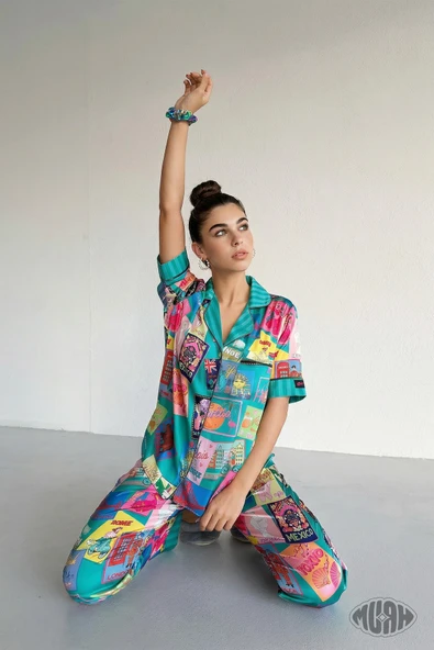 Global Traveler Kadın Saten Pijama Takımı Mektup Desenli Kısa Kollu Yeşil ürün görseli 1