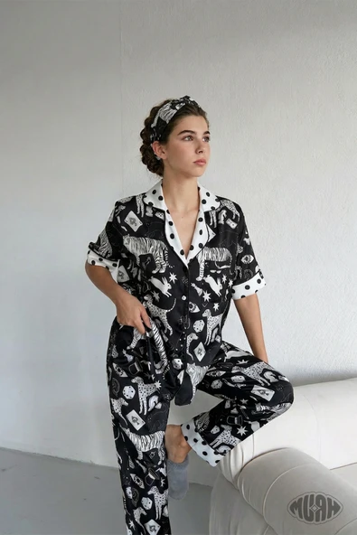 Black Zebra Kadın Saten Pijama Takımı Zebra Desenli Kısa Kollu Siyah Beyaz ürün görseli 1