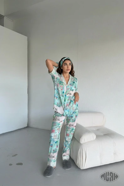 Paris Morning Kadın Saten Pijama Takımı Şehir Desenli Kısa Kollu Mint Yeşili ürün görseli 1