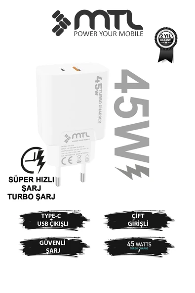 45W Turbo Şarj Çift Çıkış Type-C + USB Adaptör Süper Fast Şarj Başlığı MT1755 ürün görseli 1