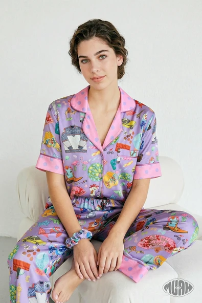 Space Cowgirl Kadın Saten Pijama Takımı Uzay ve Kovboy Desenli Kısa Kollu Mor ürün görseli 1