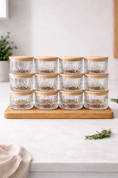 Fhilli Queen - 12'li Bambu Vakum Kapaklı Cam Kahvaltılık Çerezlik 260 ml ürün görseli 1