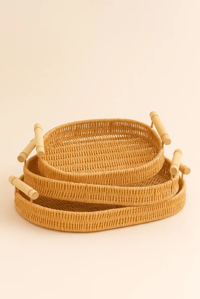 Fhilli Natura - 3'lü Oval Rattan Hasır Servis ve Sunum Tepsisi Seti Ahşap Saplı Dekoratif Tepsi ürün görseli 1
