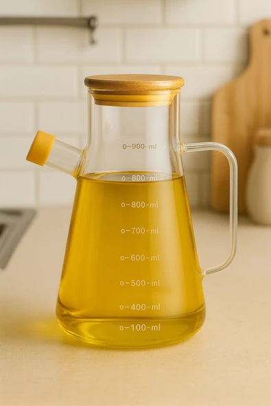 Fhilli Borosilikat Bambu Kapaklı Cam Yağlık 900 ml ürün görseli 1