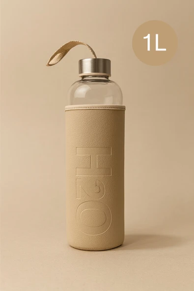 Fhilli 1000 ml H2O Deri Kılıflı Cam Matara ürün görseli 1