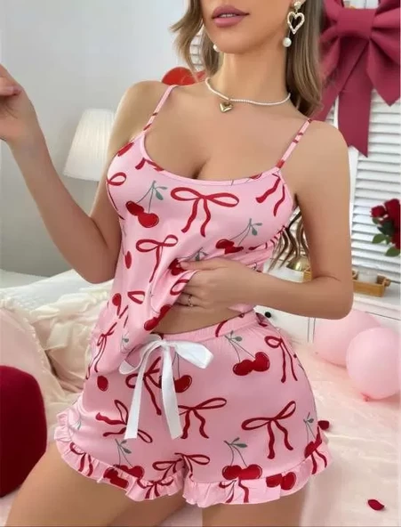 Pembe Üstüne Kiraz Desenli Askılı Şortlu Pijama Takımı ürün görseli 1