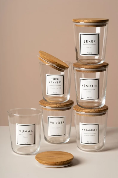 Fhilli Motto - 6'lı Çam Ağacı Vakum Kapaklı Etiket Hediyeli Cam Saklama Kabı Baharatlık Seti 315 ml ürün görseli 1