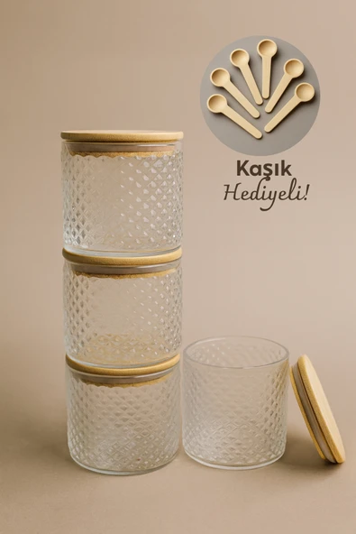Fhilli Siena- 4'lü Ahşap Kapaklı Kaşık Hediyeli Cam Saklama Kabı 375 cc ürün görseli 1