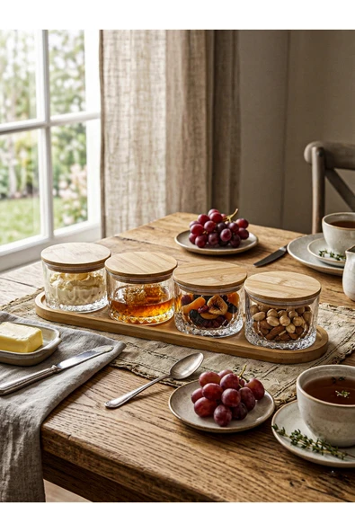 Fhilli Queen - 4’lü Dikdörtgen Tepsili Bambu Kapaklı Vakumlu Saklama Kabı Çerezlik Kahvaltılık Set 260 ml ürün görseli 1