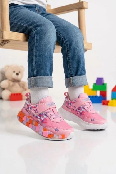 Ruffon Pembe-Beyaz-Lila Cırtlı Işıklı Kız Çocuk Spor Ayakkabı 1030 P ürün görseli 1