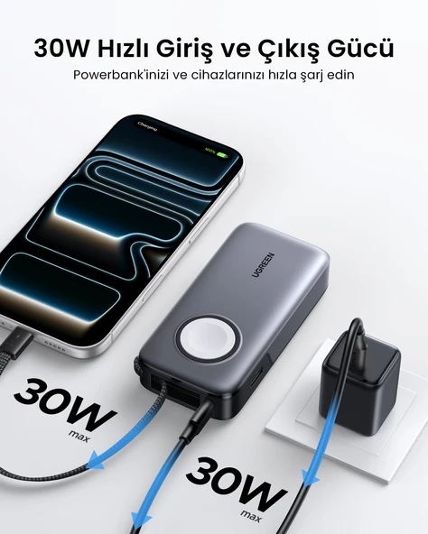 UGREEN 10.000 mAh 30W MagSafe Kablosuz Hızlı Şarj Powerbank, Apple Watch Şarj Destekli (5W), 55434B 6