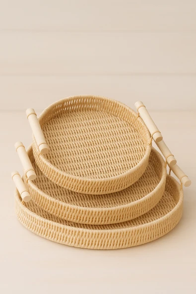 Fhilli Natura - 3'lü Yuvarlak Rattan Hasır Servis ve Sunum Tepsisi Seti Ahşap Saplı Dekoratif Tepsi ürün görseli 1