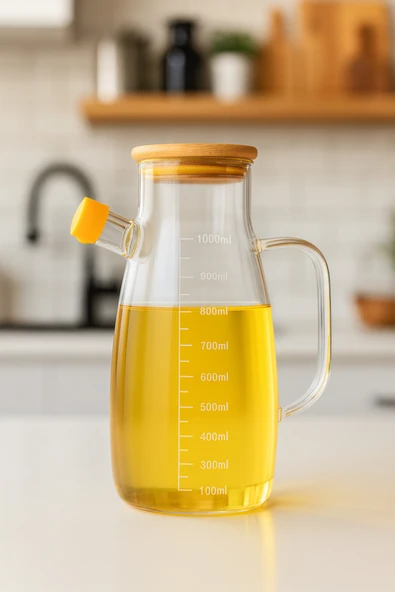 Fhilli Borosilikat Bambu Kapaklı Cam Yağlık 1000 ml ürün görseli 1