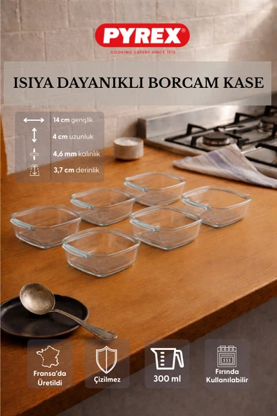 Fhilli Pyrex - 6'lı Isıya Dayanıklı Borcam Kase Çizilmez Sufle Güveç Fırın Kabı 300 ml Kare ürün görseli 1