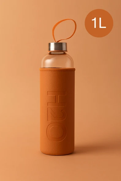 Fhilli 1000 ml H2O Deri Kılıflı Cam Matara ürün görseli 1