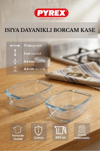 Fhilli Pyrex - 2'li Isıya Dayanıklı Borcam Kase Çizilmez Sufle Güveç Fırın Kabı 400 ml Dikdörtgen ürün görseli 1