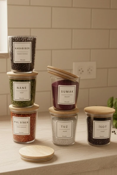 Fhilli Motto - 6'lı Bambu Vakum Kapaklı Etiket Hediyeli Cam Saklama Kabı Baharatlık Seti 315 ml ürün görseli 1