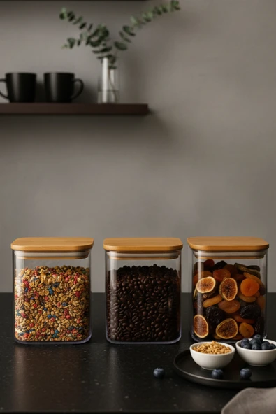Fhilli Maxi - 3'lü Bambu Vakum Kapaklı Plastik Bakliyat Erzak Saklama Kabı 1130 ml ürün görseli 1