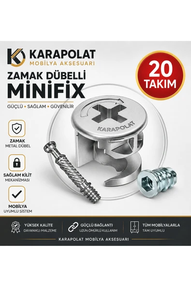 KARAPOLAT Zamak Metal Dübelli Minifix Gövde Mil ve Dübel Seti - Mobilya ve Dolap Bağlantı Elemanı (20 Takım) Gümüş ürün görseli 1