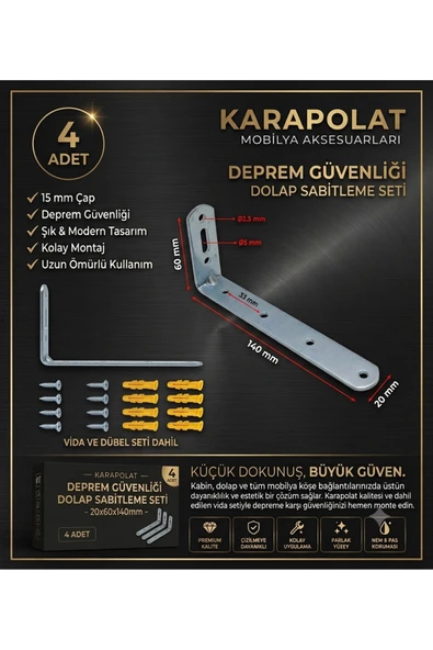 KARAPOLAT Mobilya Eşya Dolap Duvara Sabitleme Köşebent Bağlantı Aparatı L Demiri Gönye Vida Dahil 20x60x140mm ürün görseli 1