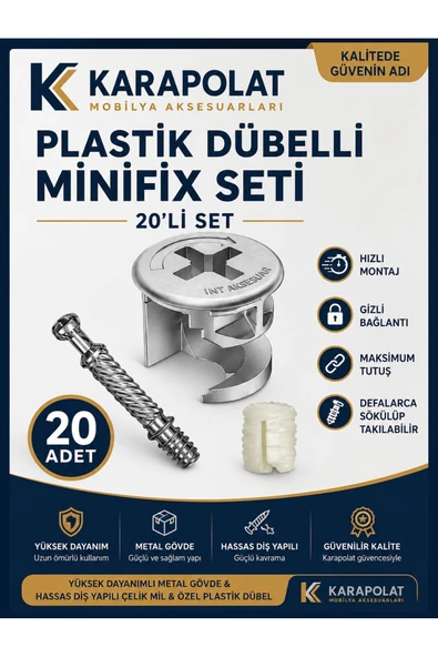 KARAPOLAT Plastik Dübelli Minifix Gövde ve Mil Seti - Mobilya Bağlantı Elemanı (20 Adet) Gümüş ürün görseli 1