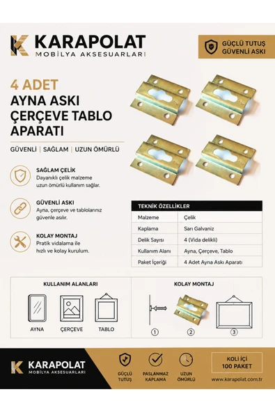 KARAPOLAT Ayna Askı Çerçeve Tablo Aparatı 4 Adet 1.5 Mm Sac Kalınlığı Metalik ürün görseli 1