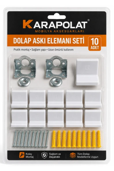 KARAPOLAT Dolap Askı Elemanı 10 Adet - Dolap Duvar Montaj Aparatı Beyaz Beyaz ürün görseli 1