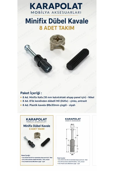 KARAPOLAT Minifix 8'li Takım Set + Minifiks Gövde + Kendinden Dübelli Mil + Kavelya Gümüş ürün görseli 1
