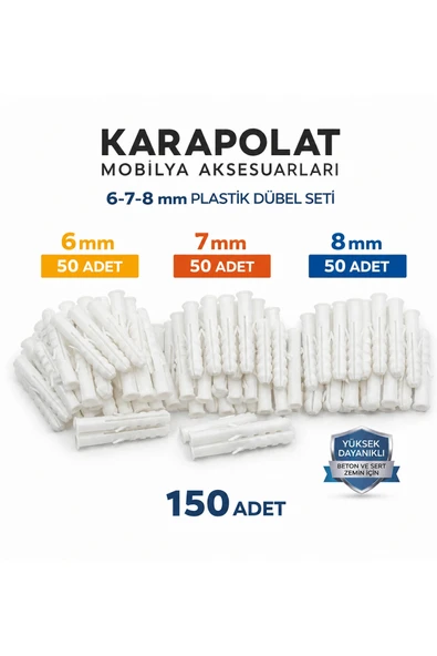 KARAPOLAT 150 Adet Plastik Dübel Seti (6mm-7mm-8mm) | Duvar ve Beton Montaj Dübeli ürün görseli 1