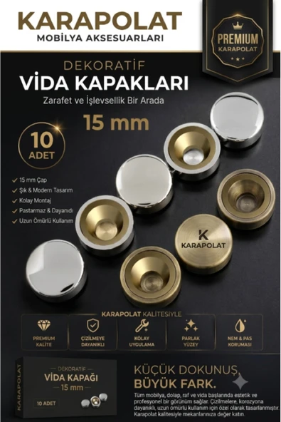 KARAPOLAT 15 Mm Krom Dekoratif Vida Kapağı Kapatıcı (10 ADET) ürün görseli 1