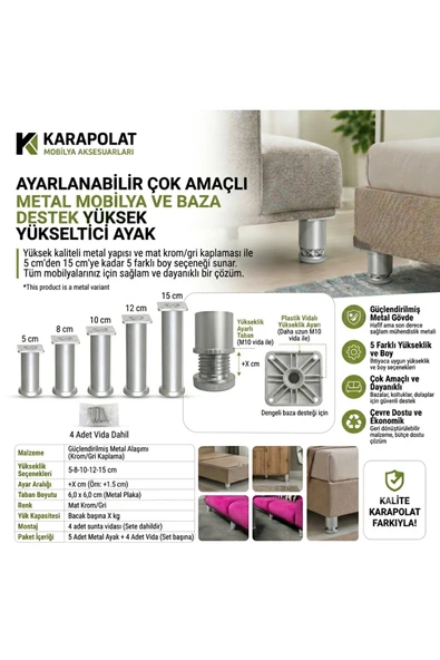 KARAPOLAT Ayarlanabilir Mobilya Kanepe Baza Koltuk Plastik Destek Yükseltici Ayağı Mat Krom Ayakları 4 Adet Vida Dahil (5-8-10-12-15cm) 8cm ürün görseli 1