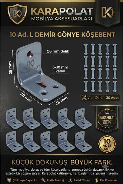 KARAPOLAT Mobilya Eşya Dolap Duvara Sabitleme Köşebent Bağlantı Aparatı L Demiri Gönye Vida Dahil 30x25x25 ürün görseli 1