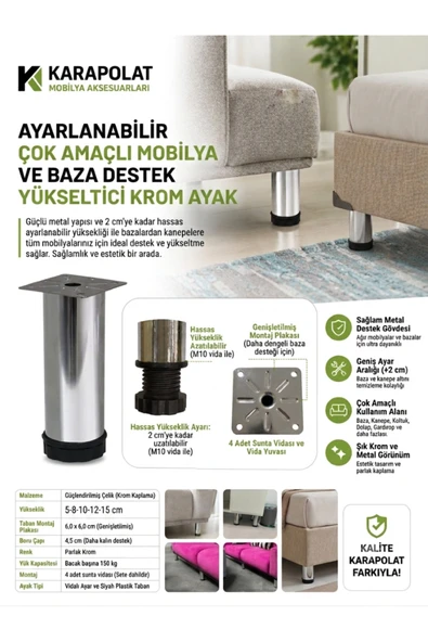 KARAPOLAT Ayarlanabilir Mobilya Kanepe Baza Koltuk Metal Destek Yükseltici Ayağı Krom Ayakları 4 Adet Vida Dahil (5-8-10-12-15cm) 12cm ürün görseli 1