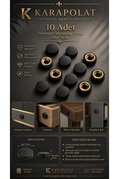 KARAPOLAT 15 Mm Mat Siyah Dekoratif Vida Kapağı Kapatıcı (10 ADET) ürün görseli 1