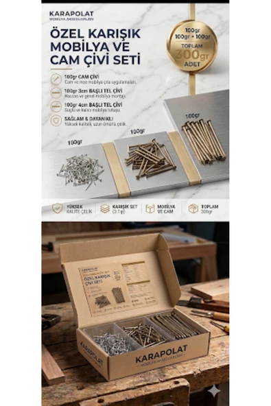 KARAPOLAT Karışık Ahşap Tel Çivi Seti 100gr 3cm + 100gr 4cm +100gr Cam Çivisi ürün görseli 1