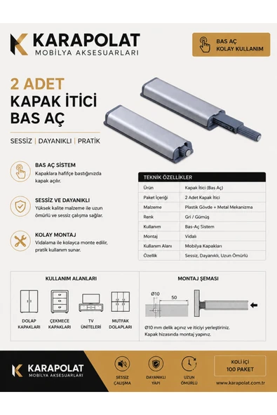 KARAPOLAT Metal Dolap Kapak Mıknatıslı Kapak Basac Kapak Itici Bas Aç 2 Adet Metalik ürün görseli 1