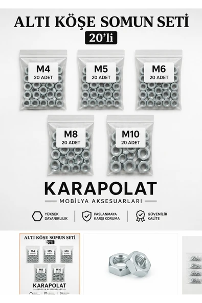 KARAPOLAT Altı Köşe Somun Seti 100Parça (M4-M10 ARASI 5 ÖLÇÜ) ürün görseli 1