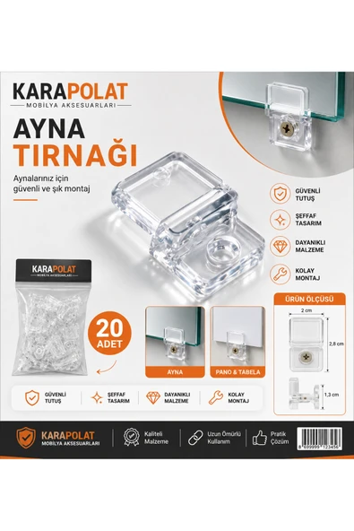 KARAPOLAT 20 adet Şeffaf Plastik Ayna Tırnağı - Cam Tutucu Tırnak - Duvara Ayna Sabitleyici Asma Montaj Aparatı Şeffaf ürün görseli 1