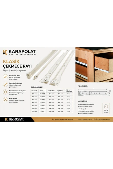 KARAPOLAT Klasik Kızaklı Dolap Çekmece Rayı Beyaz 35-40-45-50 Cm (VİDA DAHİL) 40CM ürün görseli 1