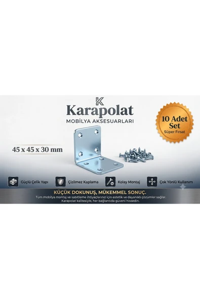 KARAPOLAT Mobilya Eşya Dolap Duvara Sabitleme Köşebent Bağlantı Aparatı L Demiri Gönye Vida Dahil 45x45x30 Mm ürün görseli 1