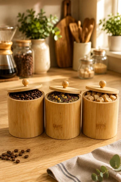 3 Lü Bambu Saklama Kutusu Kapaklı Kahve Çay Şeker Baharat Kavanozu Mutfak Düzenleyici 10x8 cm ürün görseli 1