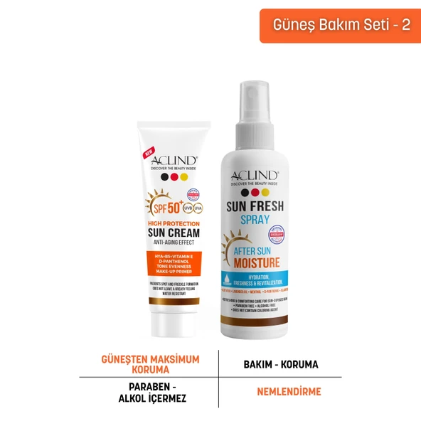 Aclind Leke Karşıtı SPF 50+ Güneş Kremi 50 ml + Sun Fresh Güneş Sonrası Ferahlatıcı Sprey 100 ml Seti ürün görseli 1
