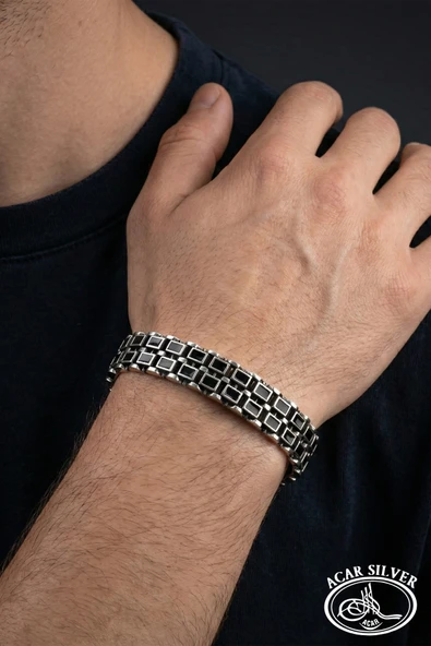 ACAR SİLVER ÇİFT SIRA MİNELİ ÖZEL TASARIM 925 AYAR ROLEX ERKEK BİLEKLİK ürün görseli 1